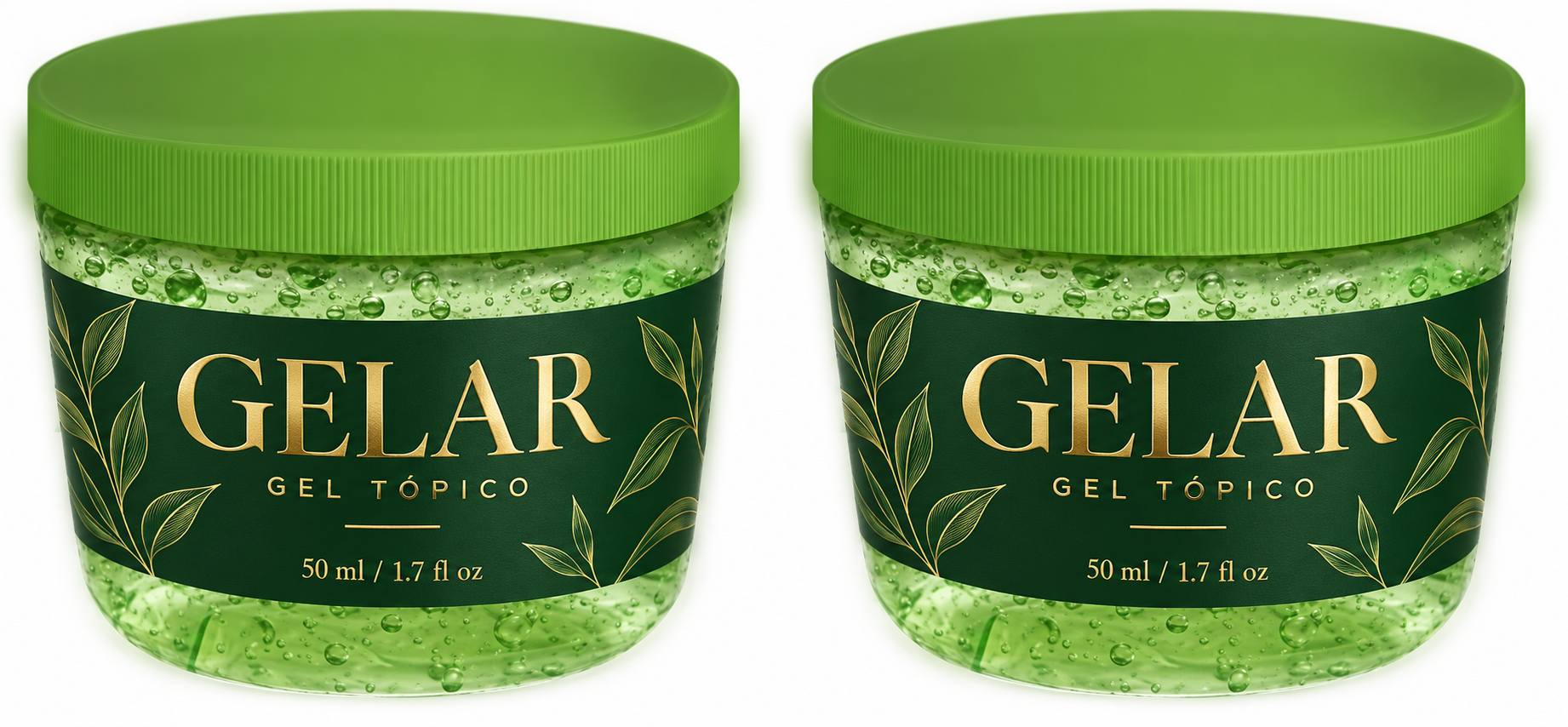 Dos frascos GELAR de 50 ml con etiqueta verde y dorada